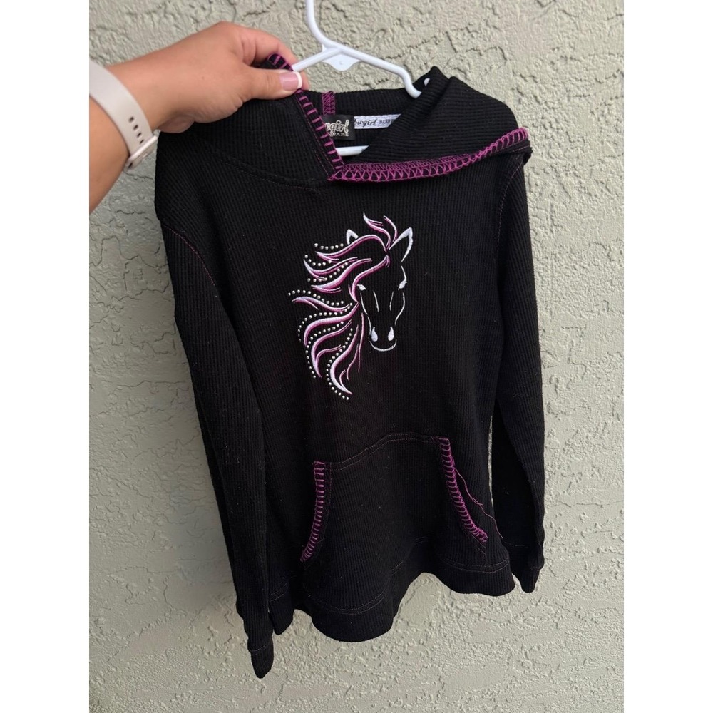 Cowgirl Baby Black Hoodie Sweatshirt‎ L/10-12 Horse Embroidery Waffle Knit